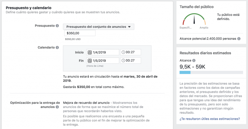 Ejemplo Alcance Potencial Facebook